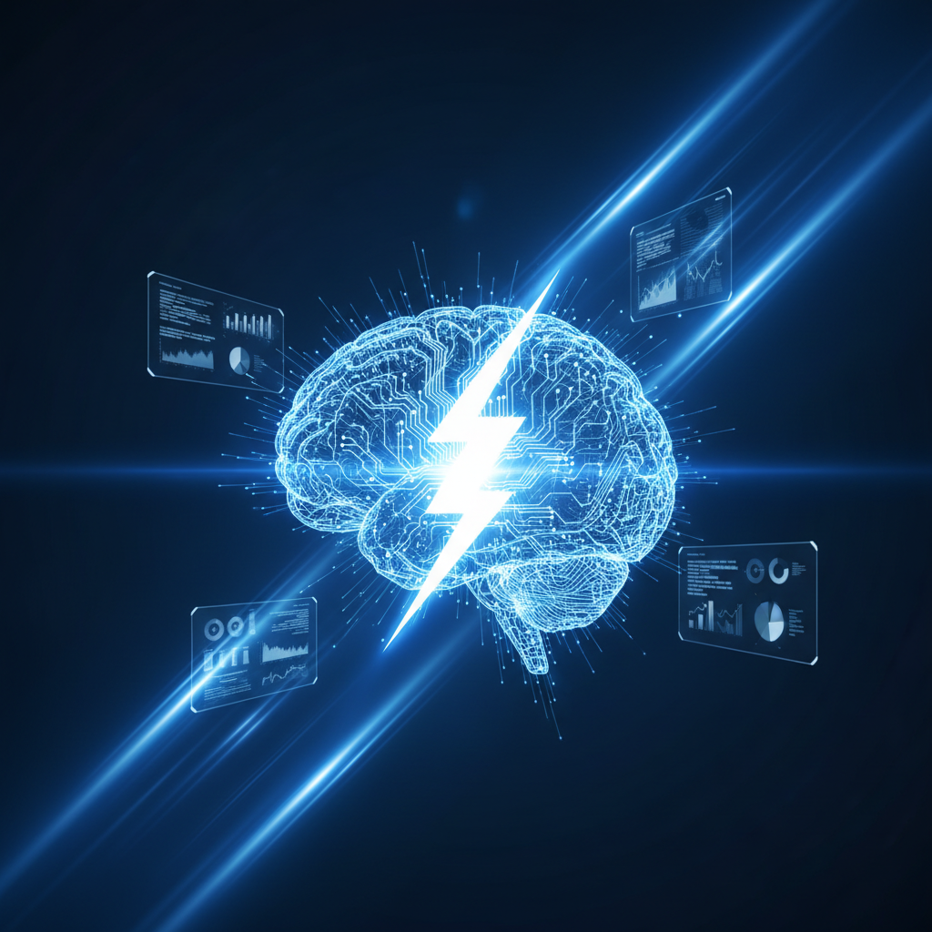 Representación futurista de un modelo de IA rápido: cerebro de circuitos con rayo de velocidad en azul eléctrico sobre fondo marino